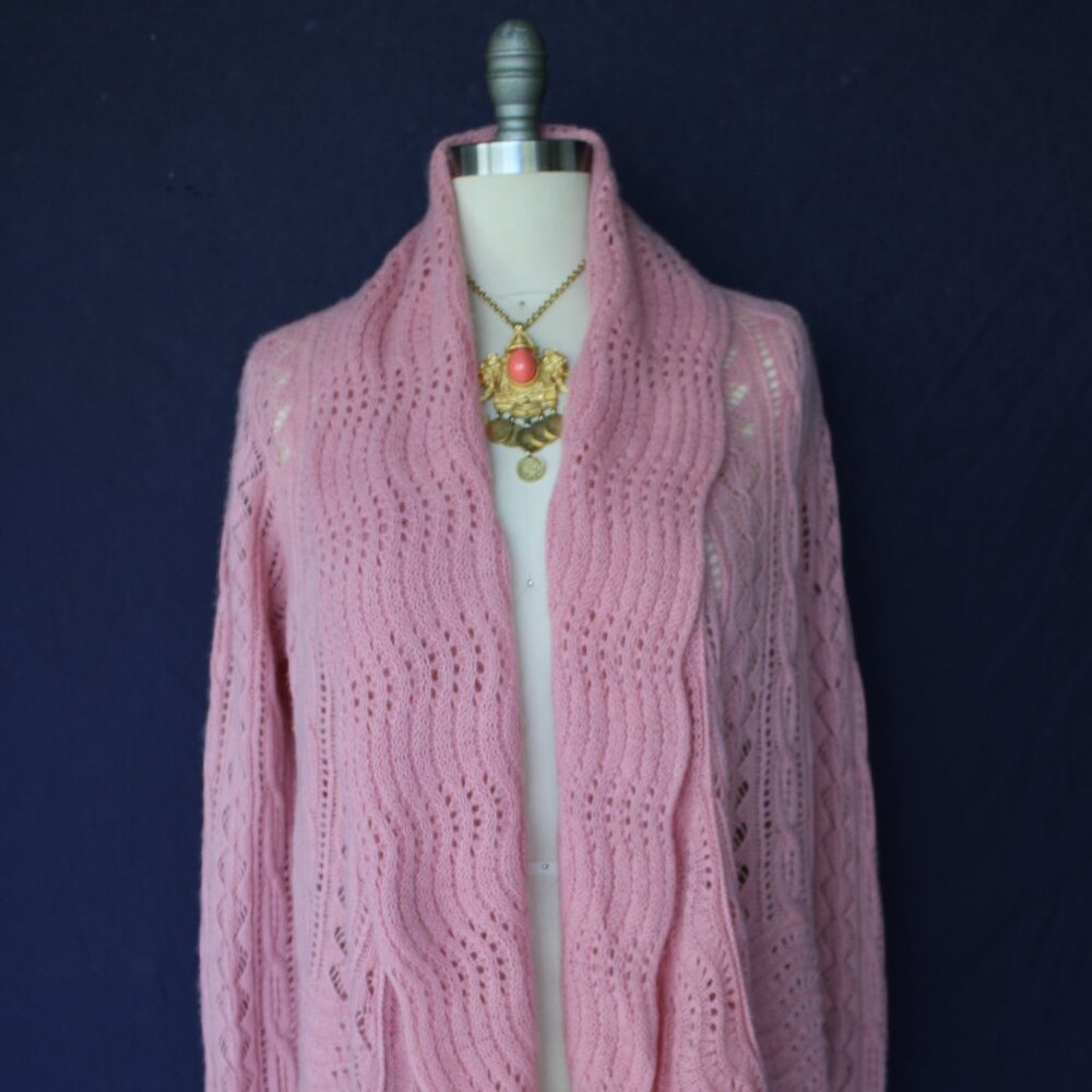 Calypso St Barth Cashmere Cardigan sweater waterfall pink crochet macreme nude M - Picture 3 of 9